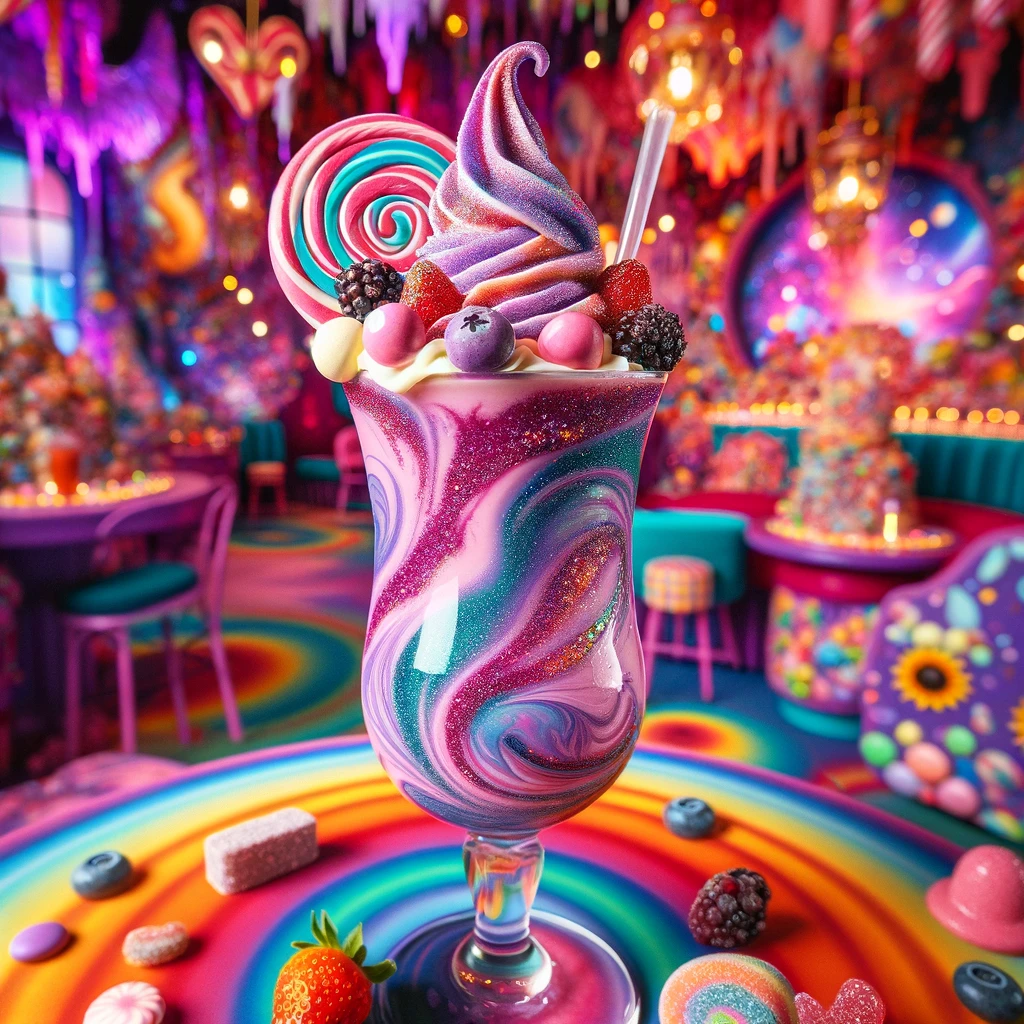 Colorful and whimsical glass containing Villy 
        Vonka's Everlasting Gobstopper Smoothie. The drink is 
        a vibrant mix of purple and pink with edible glitter. 
        Berries and vanilla ice cream top the smoothie, set on
        a candy-themed tablecloth with a background of 
        imaginative candy decorations.