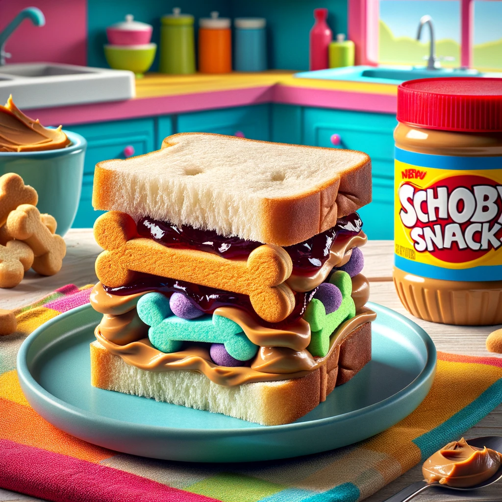 A playful Schooby Snackk Sandwich on 
        a colorful plate, set on a kitchen table. 
        The sandwich is made with bread, peanut 
        butter, grape jelly, and bone-shaped cookies. 
        The background features a cartoonish kitchen 
        setting with bright colors, a jar of peanut 
        butter, and a bowl of grape jelly.