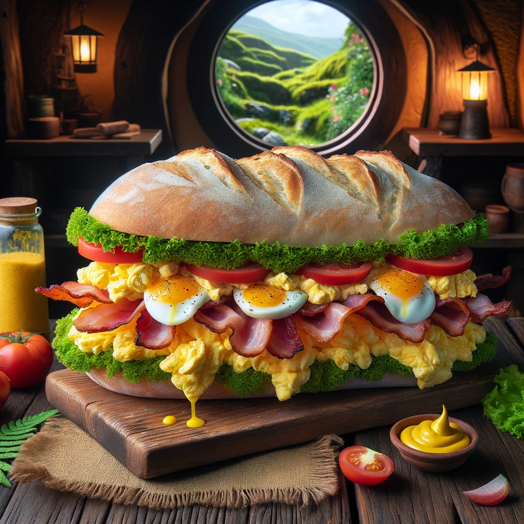 A delicious-looking sandwhich made of a baguette, 
        eggs, bacom, tomato, lettuce, cheese and mustard in a 
        Hobbit-house