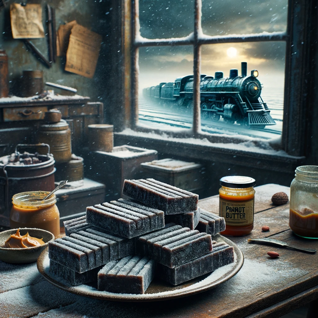 Image of dark, dense Snowpiercer-inspired 
        protein sludge bars on a vintage plate. The 
        bars have a rough texture, resembling those 
        from the movie. A jar of peanut butter and 
        a bottle of honey are visible nearby, with 
        a dystopian, icy landscape visible through 
        a window in the background.